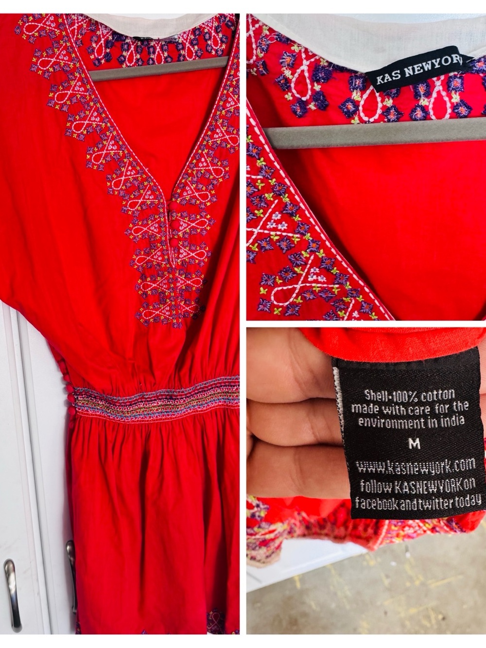 Kas Newyork Red Embroidered Cotton V-Neck Dress